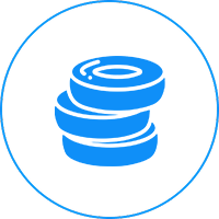 A blue icon of a stack of three tires on a white circular background.