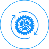 Icon of a blue gear or wheel with circular arrows around it, suggesting motion or rotation, enclosed in a blue-outlined circle on a white background.