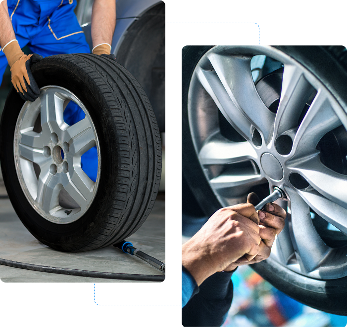 Mechanic removing a car tire with a tool on the left; hands fastening bolts on a car wheel on the right.